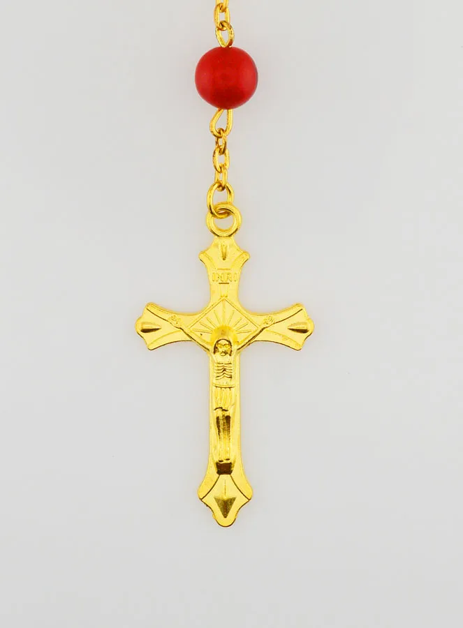 Rosary with Coral Colour Beads and Gold Plated Chain (pic 3)