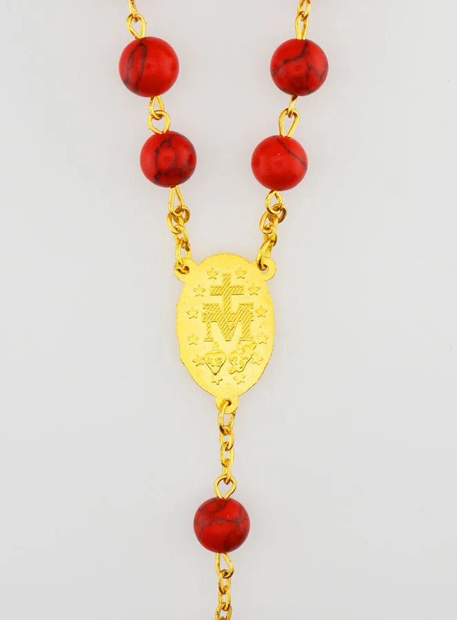 Rosary with Coral Colour Beads and Gold Plated Chain (pic 4)