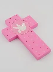 Holy Spirit Dove Child Pink Wood Cross - 12 cm