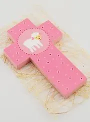 Little Sheep Child Pink Wood Cross - 12 cm