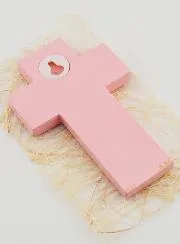 Little Sheep Child Pink Wood Cross - 12 cm