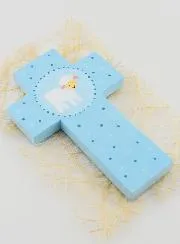 Little Sheep Child Blue Wood Cross - 12 cm