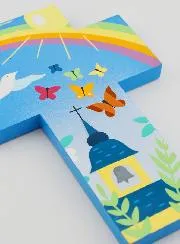 Church, Butterflies & Rainbow Child Wood Cross - 15 cm