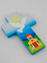 Holy Spirit Dove & Church Child Wood Cross - Blue