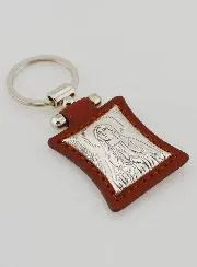 Our Lady of Lourdes Brown Leather Key Chain & Silver Medal