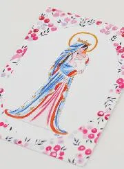 Baptism Card - Crowned Virgin with Lily - Fushia