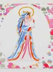 Baptism Card - Crowned Virgin with Lily - Pink Flowers