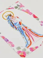 Baptism Card - Crowned Virgin with Lily - Pink Flowers