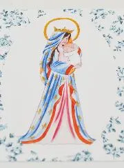 Baptism Card - Crowned Virgin with Lily - Blue Roses