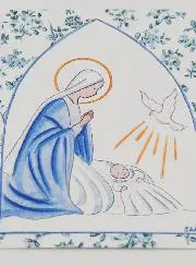 Baptism Card - Virgin Mary & Holy Spirit Dove - Blue Flowers