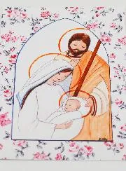 Baptism Card - Holy Family - Pink Roses