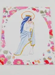 Baptism Card - Crowned Virgin with Baby Jesus - Pink Flowers