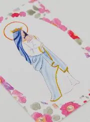 Baptism Card - Crowned Virgin with Baby Jesus - Pink Flowers