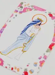 Baptism Card - Crowned Virgin with Baby Jesus - Pink Flowers