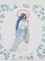 Baptism Card - Crowned Virgin with Baby Jesus - Blue Roses Flowers