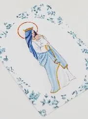 Baptism Card - Crowned Virgin with Baby Jesus - Blue Roses Flowers