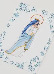 Baptism Card - Crowned Virgin with Baby Jesus - Blue Roses Flowers