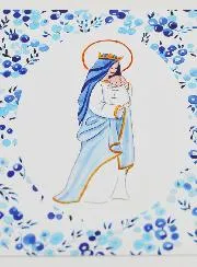 Baptism Card - Crowned Virgin with Baby Jesus - Blue Oval Border