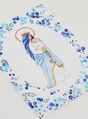 Baptism Card - Crowned Virgin with Baby Jesus - Blue Oval Border