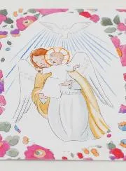 Baptism Card - Protective Guardian Angel & Holy Spirit - Pink Flowers