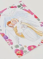 Baptism Card - Protective Guardian Angel & Holy Spirit - Pink Flowers