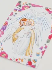 Baptism Card - Protective Guardian Angel & Holy Spirit - Pink Flowers