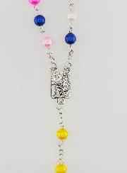 Rosary with Multicoloured Beads on a Silvery Chain -60cm