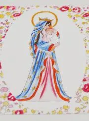 Baptism Picture - Crowned Virgin with Lily - Pink Flowers