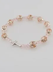 Pink Sculpted Beads Decade Rosary Bracelet on elastic