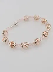 Pink Sculpted Beads Decade Rosary Bracelet on elastic