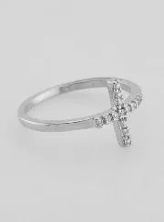 Rhinestone Diamonds & Cross Ring - Solid Silver - Size 58
