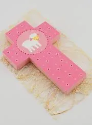 Little Sheep Pink Wood Cross - 12 cm