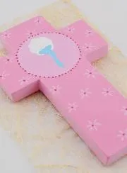Baptismal Water Child Wood Cross - Pink - 12 cm