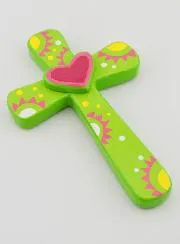 Wood Cross - Green - Pink Heart