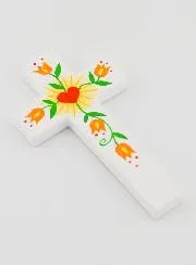 Wood Cross - Love Heart & Orange Flowers