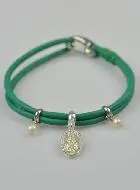 Green Leather Jewel Bracelet - Miraculous Virgin Silver Medal