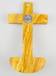 Holy Water Stoup Saint Benedict Cross in Olive Wood - 19 cm