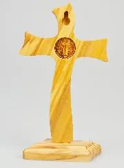 Saint Benedict Olive Wood Cross on Base - 18 cm