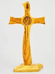 Saint Benedict Olive Wood Cross on Base - 28 cm