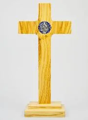 Saint Benedict Light Wood Cross on Base - 22 x 11 cm