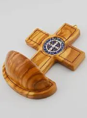 Saint Benedict Medal & Olive Wood Holy Water Pot - 12cm