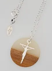 Religious Necklace Silver - Wood Resin Pendant and Cross of Jesus