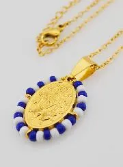 Religious Necklace and Miraculous Medal - White and Blue Beads