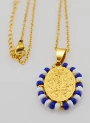 Religious Necklace and Miraculous Medal - White and Blue Beads