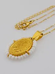 Religious Necklace with Beads and Miraculous Medal - White