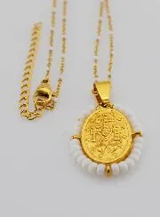 Religious Necklace with Beads and Miraculous Medal - White