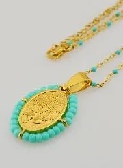 Religious Necklace with Beads and Miraculous Medal - Turquoise Blue