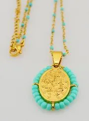Religious Necklace with Beads and Miraculous Medal - Turquoise Blue