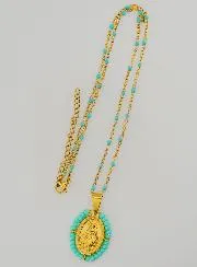 Religious Necklace with Beads and Miraculous Medal - Turquoise Blue