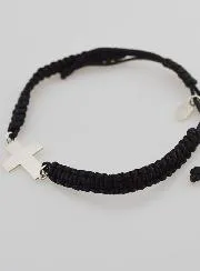 Black Braided Rope Bracelet - Silver Cross